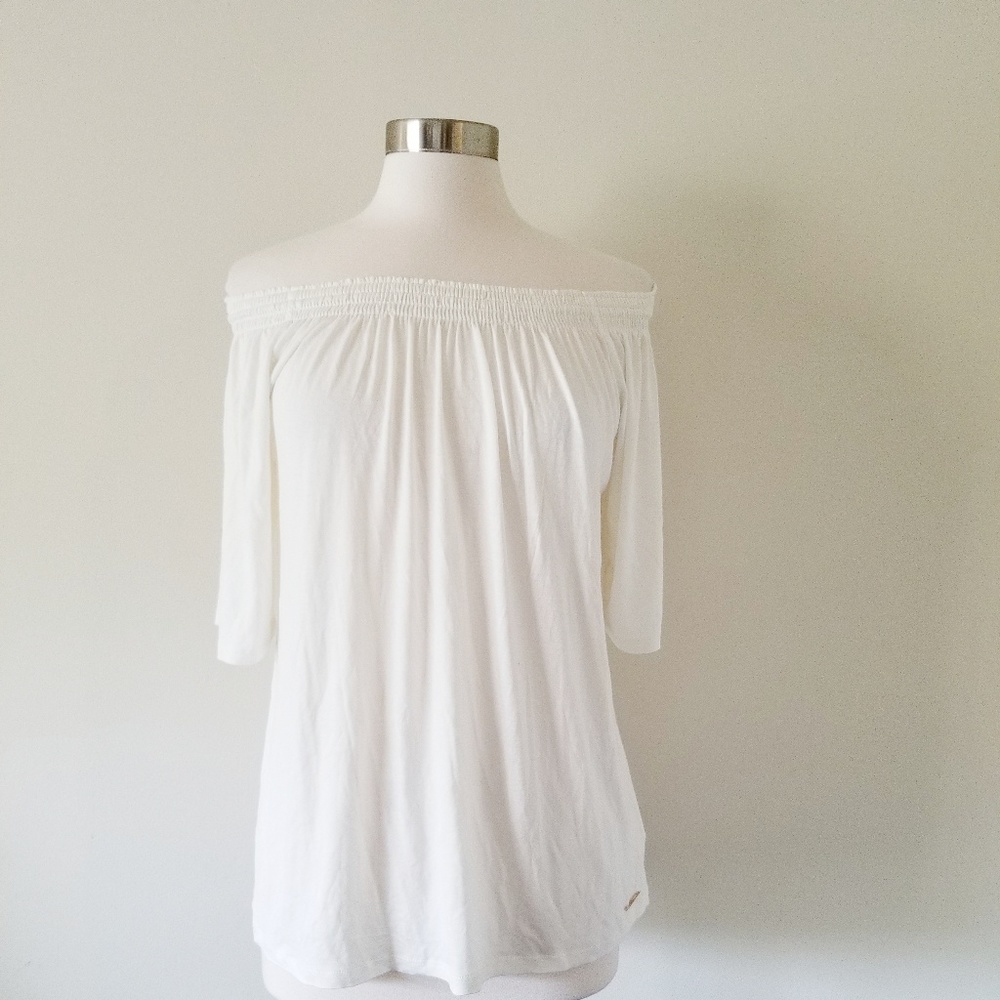 Michael Kors Smocked Off-The-Shoulder Top Natural - Picture 1 of 8